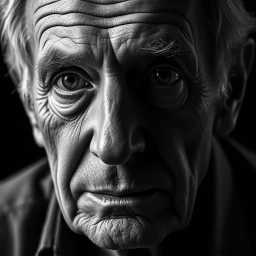Retrato em preto e branco de um homem idoso com rugas expressivas e olhar profundo
